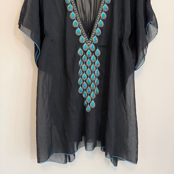 La La LeeLa Kaftan Cover Up Swimwear Dress OS Black Blue Teardrop Embroidered - Picture 5 of 8